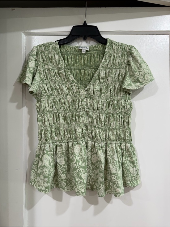 Wonderly Tops - Wonderly Sage Green Smocked Peplum Blouse
